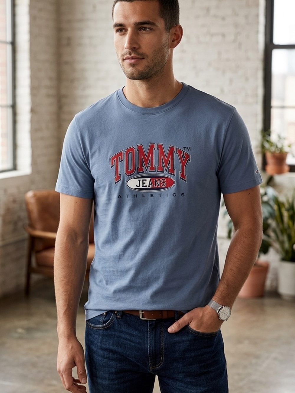 Tommy Hilfiger Blue Tee with Red Logo Graphic